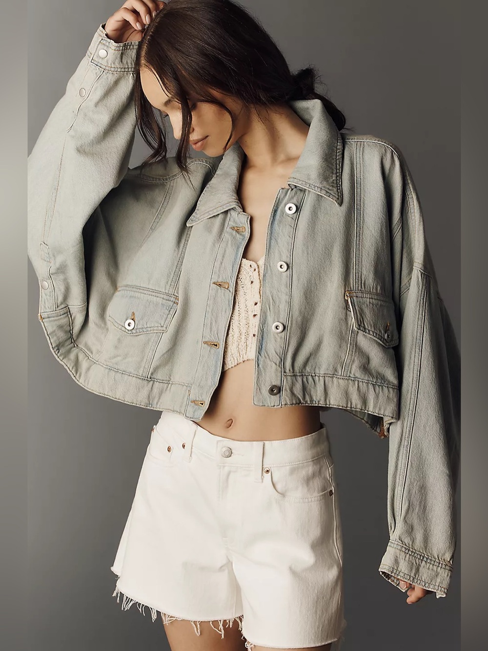 NWT Size S/M - Pilcro Boxy East-West Cropped Denim Jacket 83% Cotton (US$ 158)